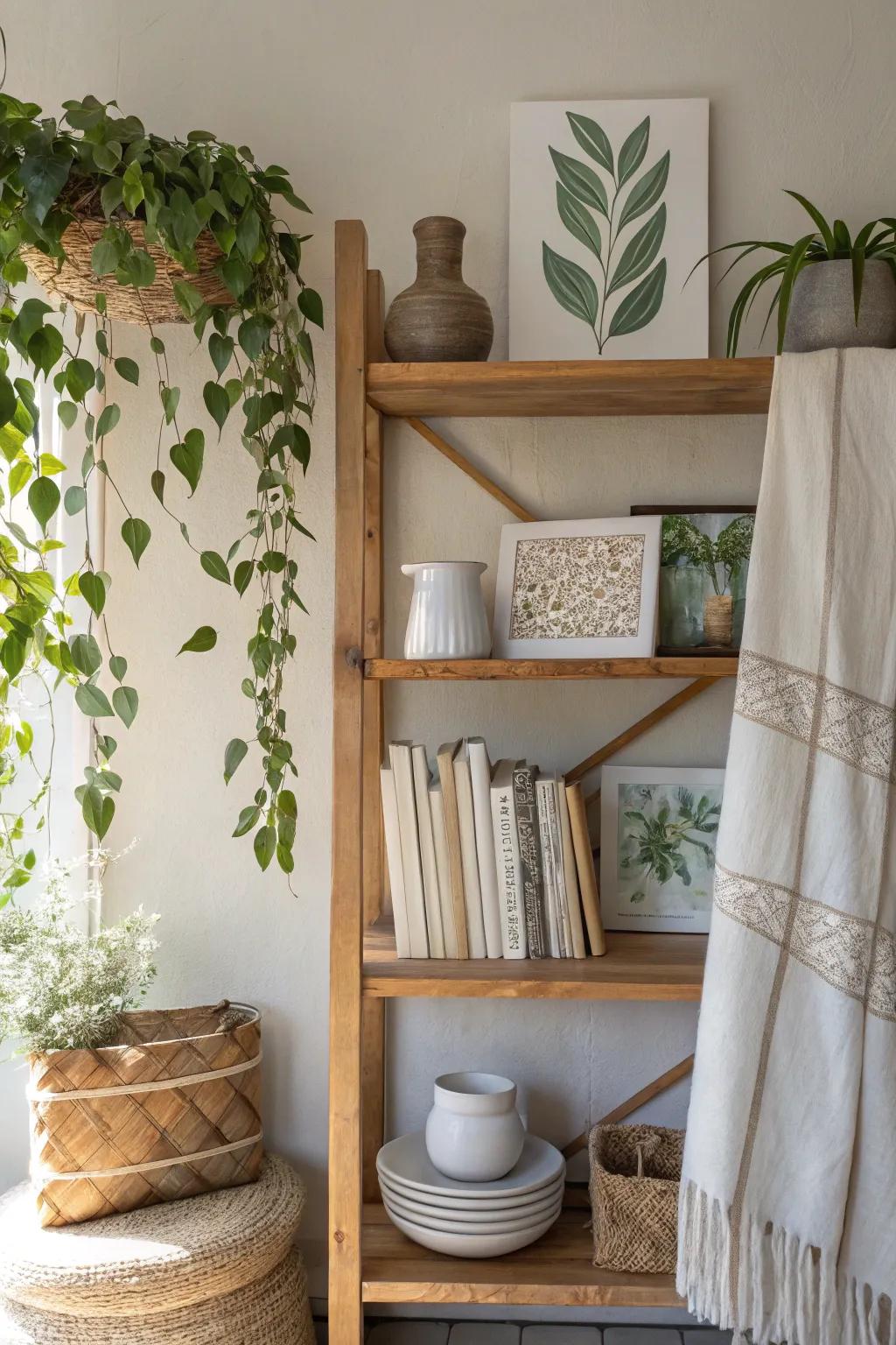 Old canvases add an artistic cover to your shelves, blending creativity with function.