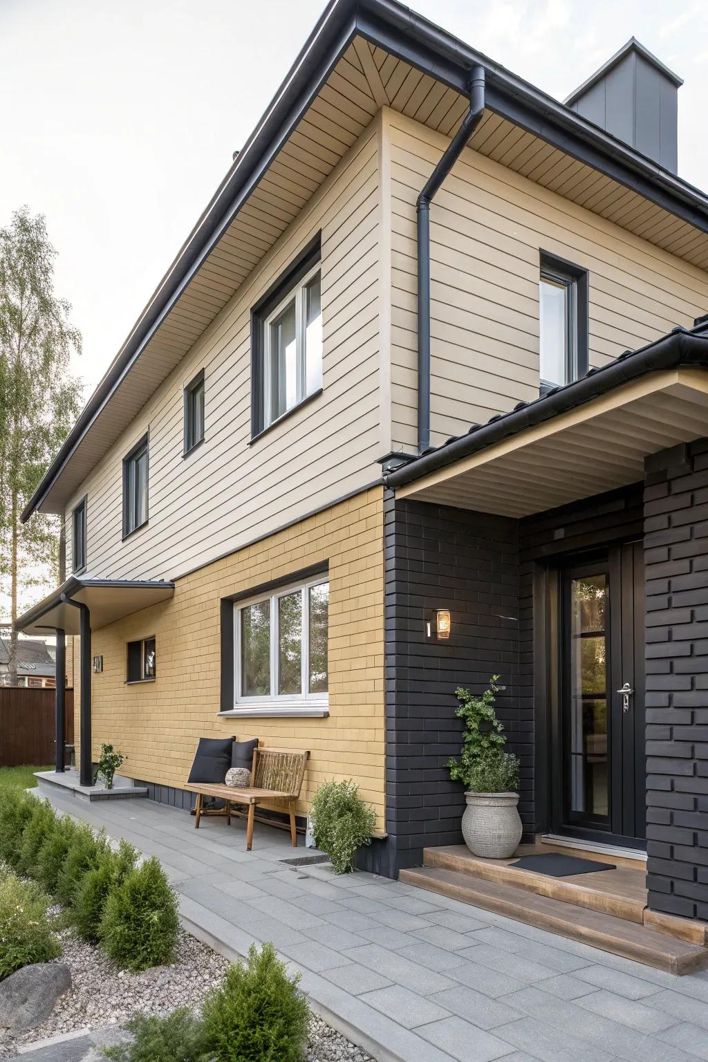 Understated elegance with dark brick and beige siding. 🌟 #ElegantHome #WarmDesign #SidingIdeas