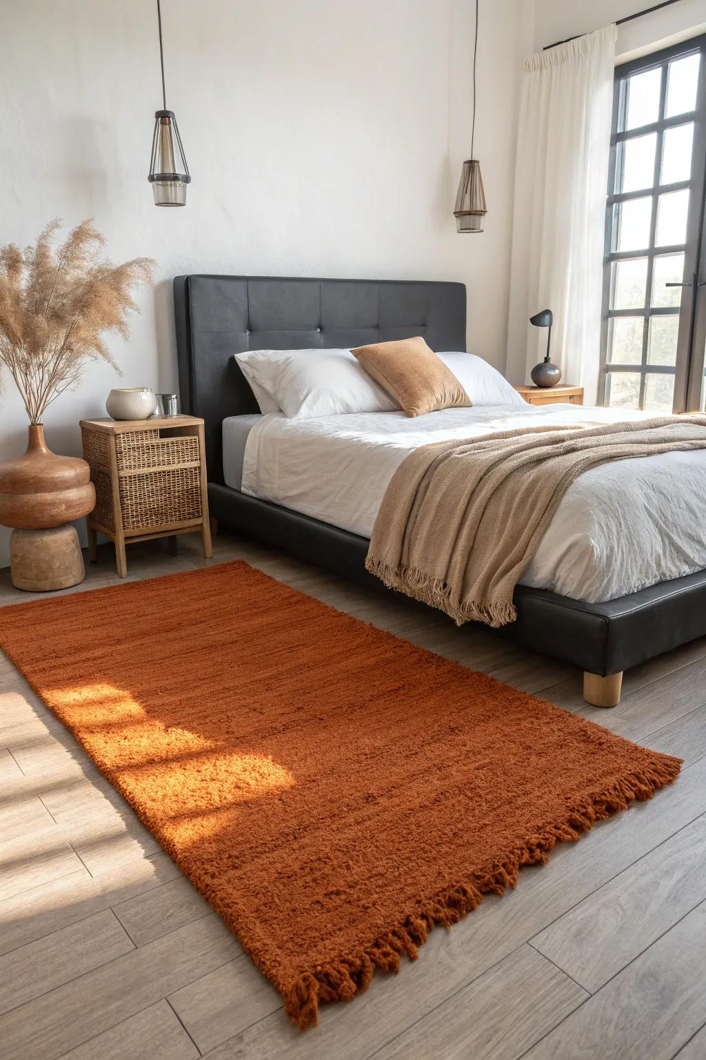 A burnt orange rug anchors the room with warmth and style. 🧡 #RugLove #HomeComfort
