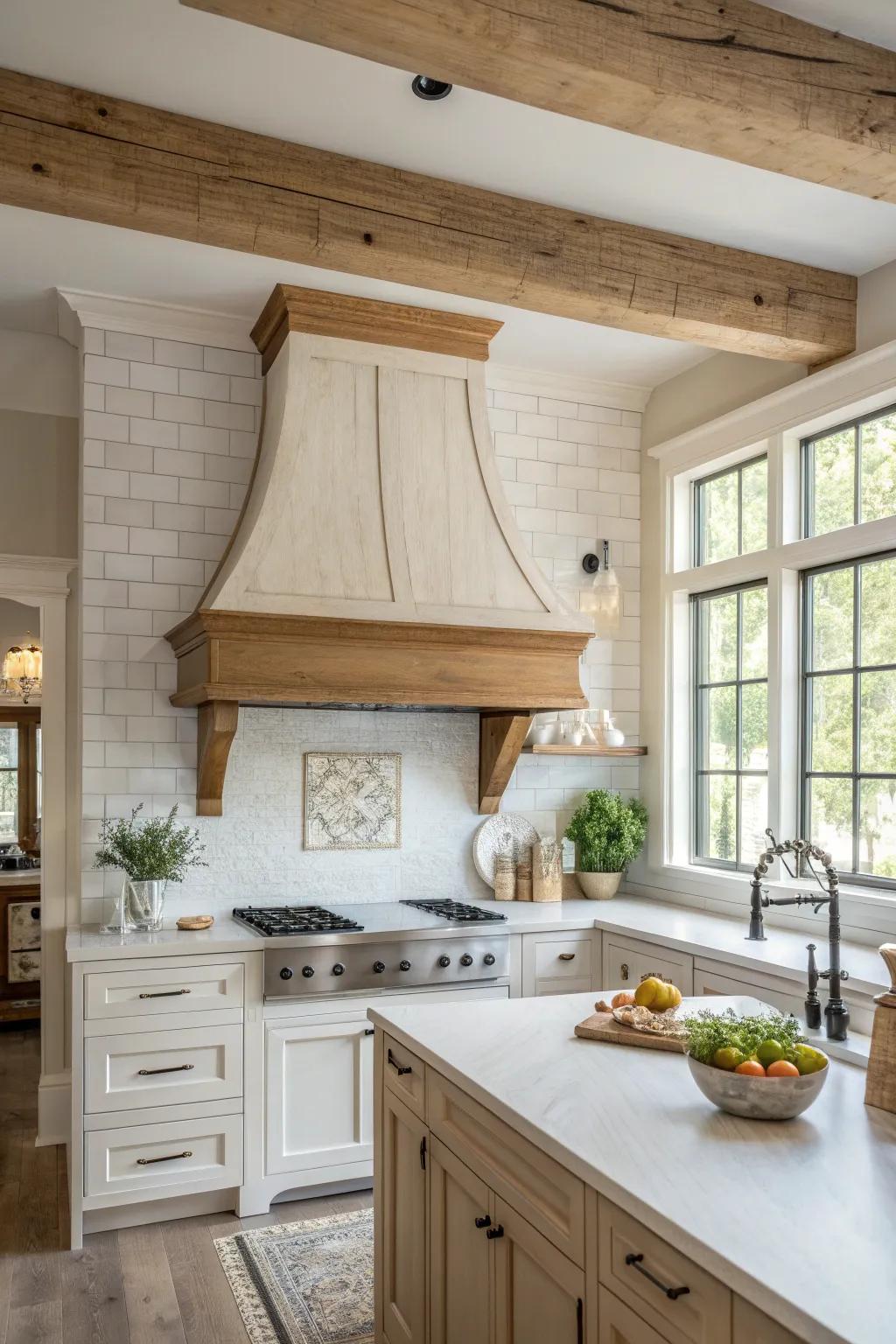 Capture the essence of warmth with a farmhouse-style range hood, perfect for a homely touch.