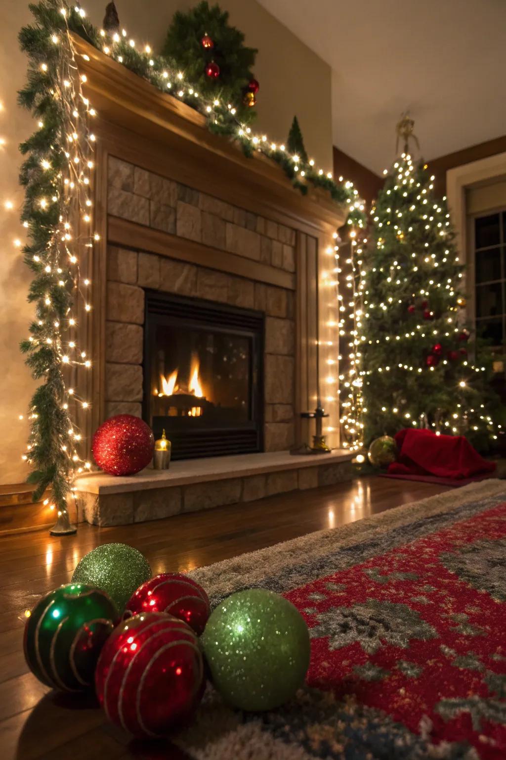 Let fairy lights twinkle like stars around your fireplace, creating a magical holiday atmosphere. ✨ #FairyLights #MagicalDecor