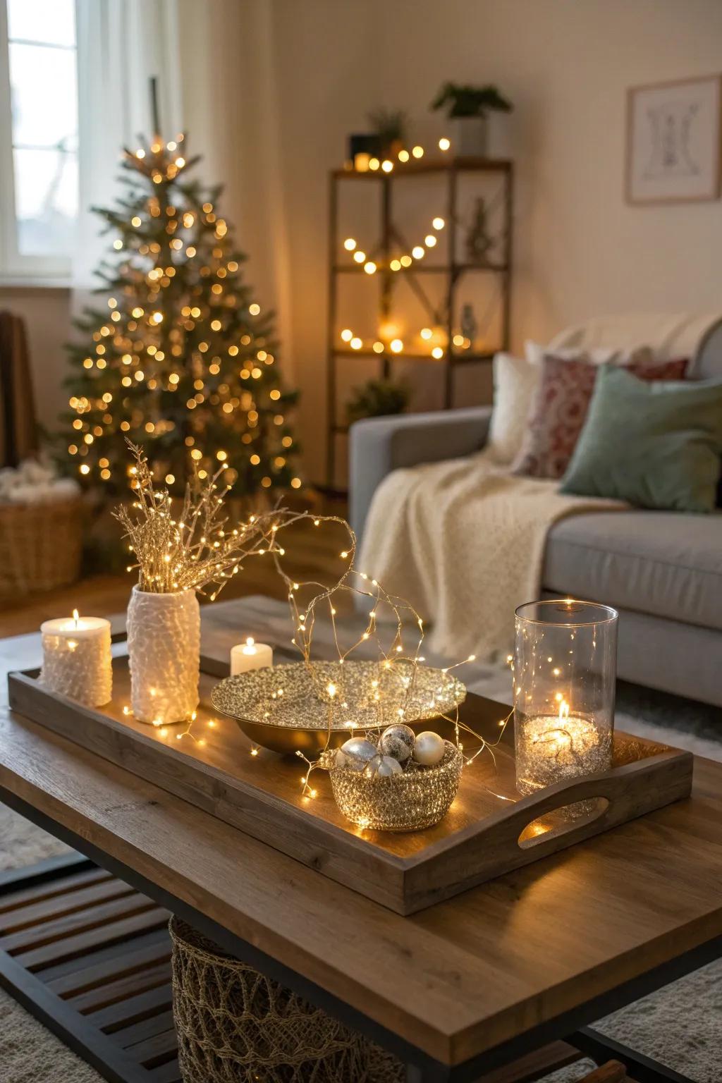 Make your coffee table a centerpiece of holiday sparkle. ✨☕ #TableDecor #FestiveTouches #LivingRoomGlow