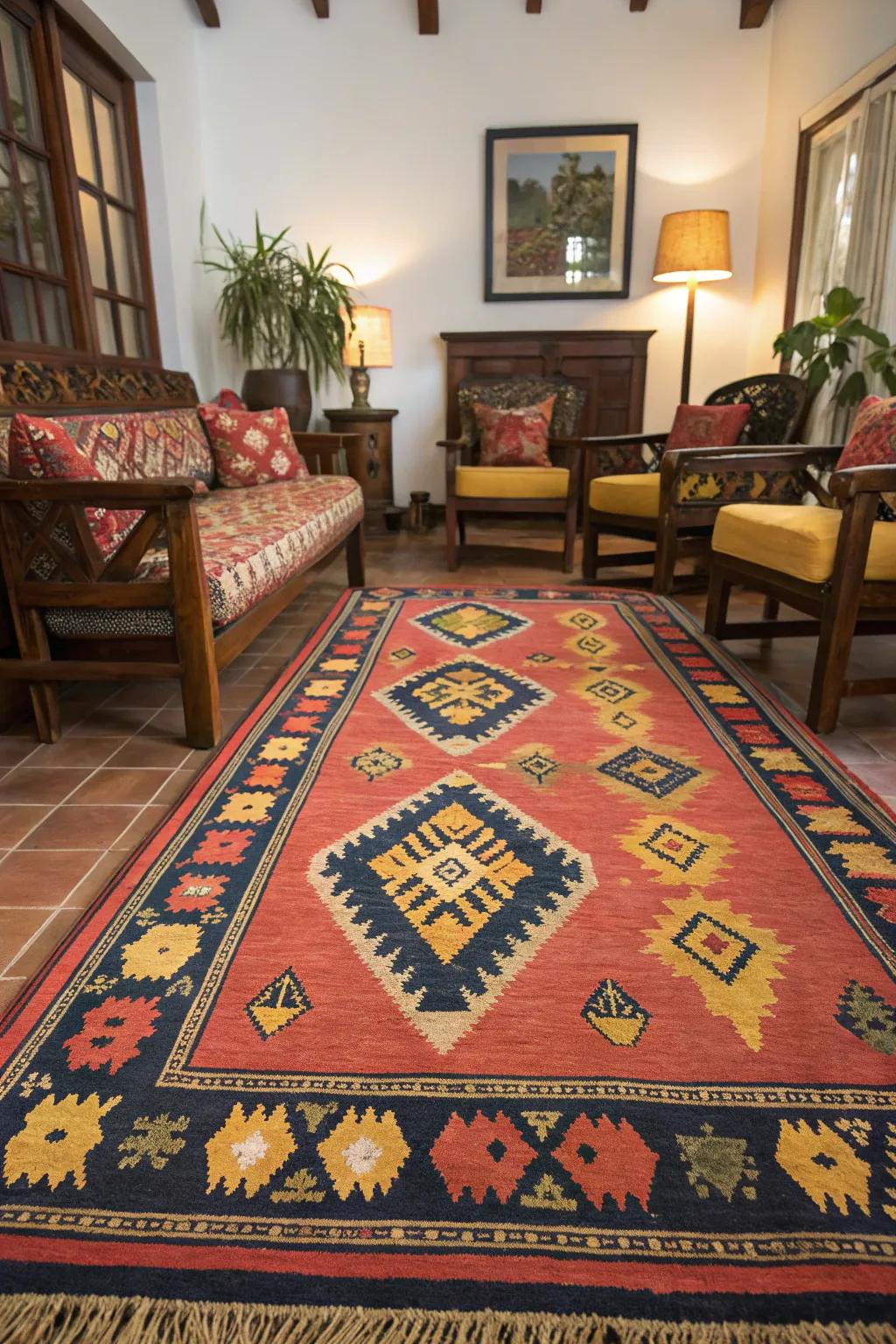 Textiles with traditional patterns bring depth and character to colonial living rooms.