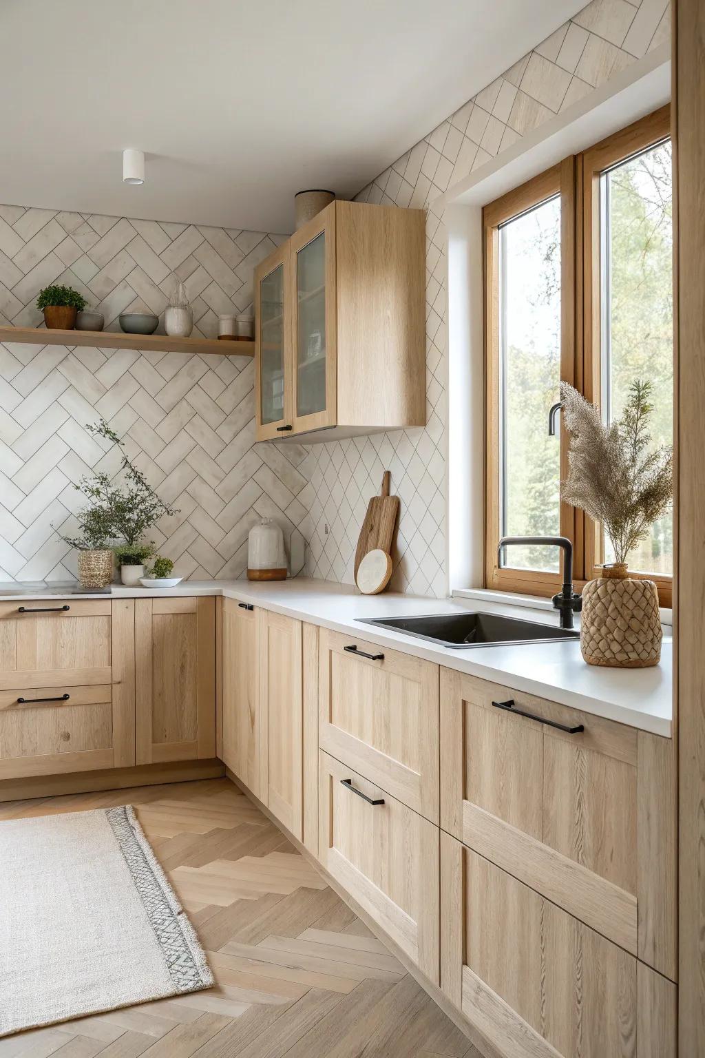 Add a playful twist to your kitchen with patterned cream tiles.