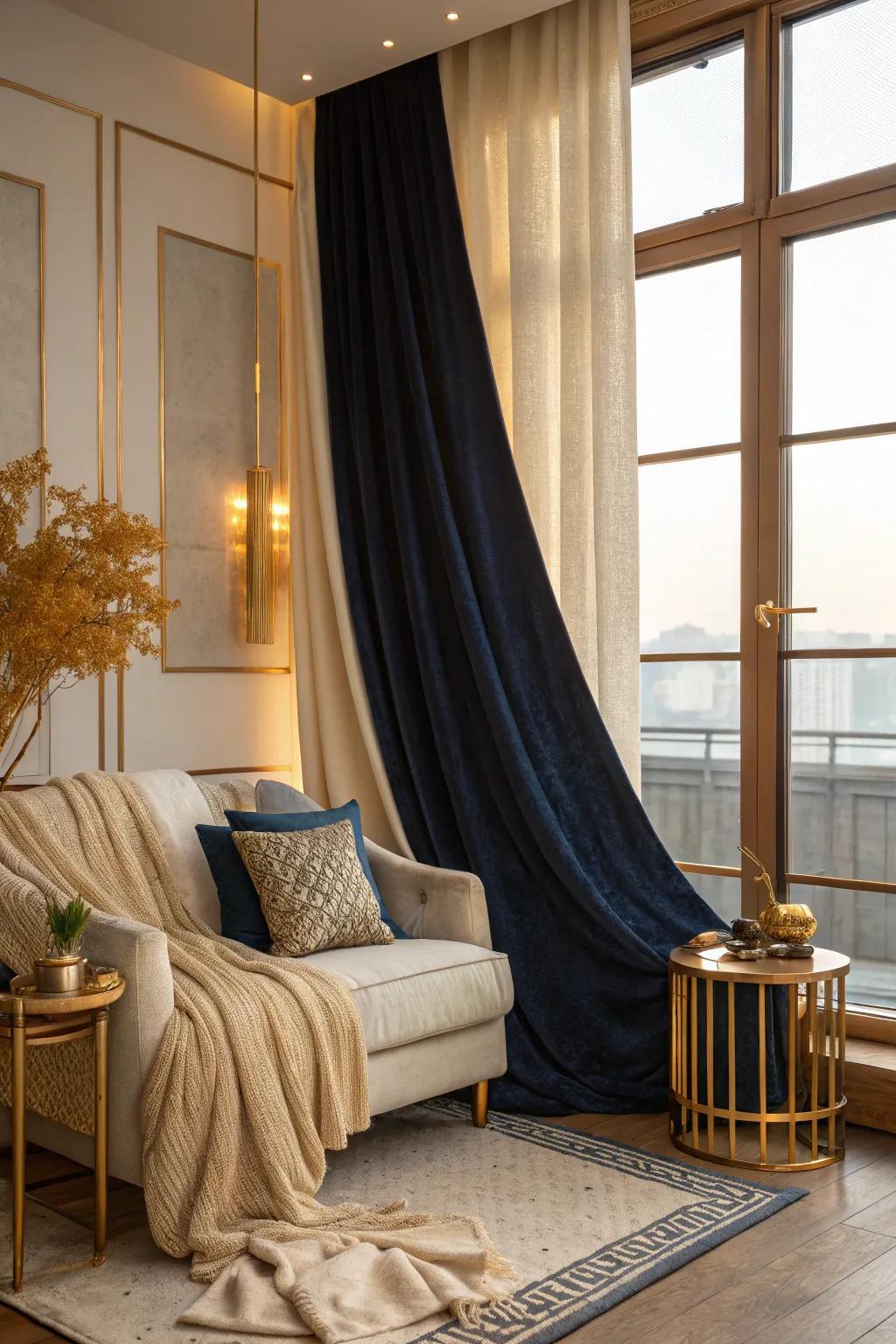 Add a creative twist to your decor with asymmetrical draping that makes a bold statement. #ModernHome #InteriorDesign 🎨