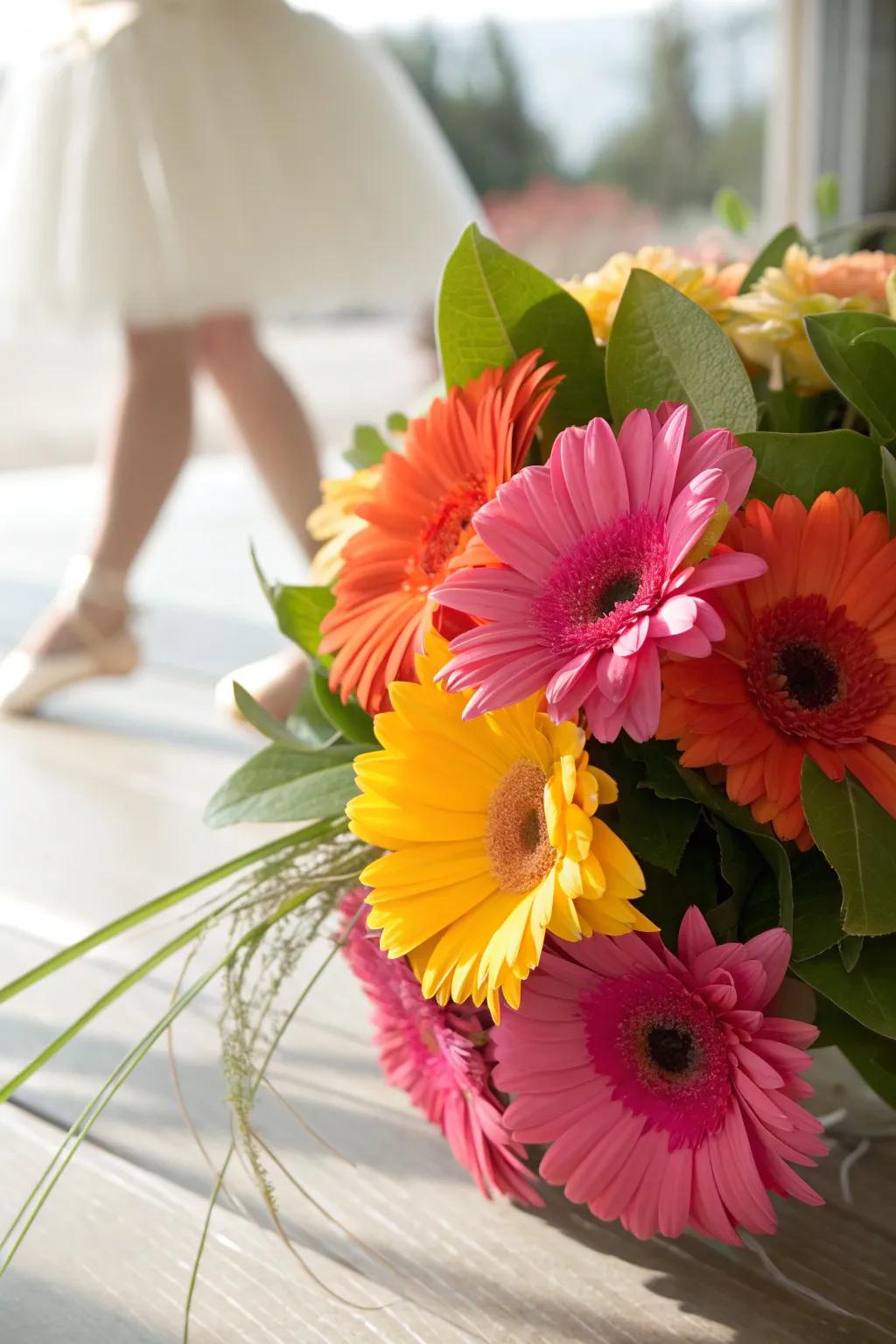 Let colors dance with vibrant gerbera daisies, bringing joy to any occasion. 🌼🌈 #GerberaLove #DanceRecital #ColorfulBouquet