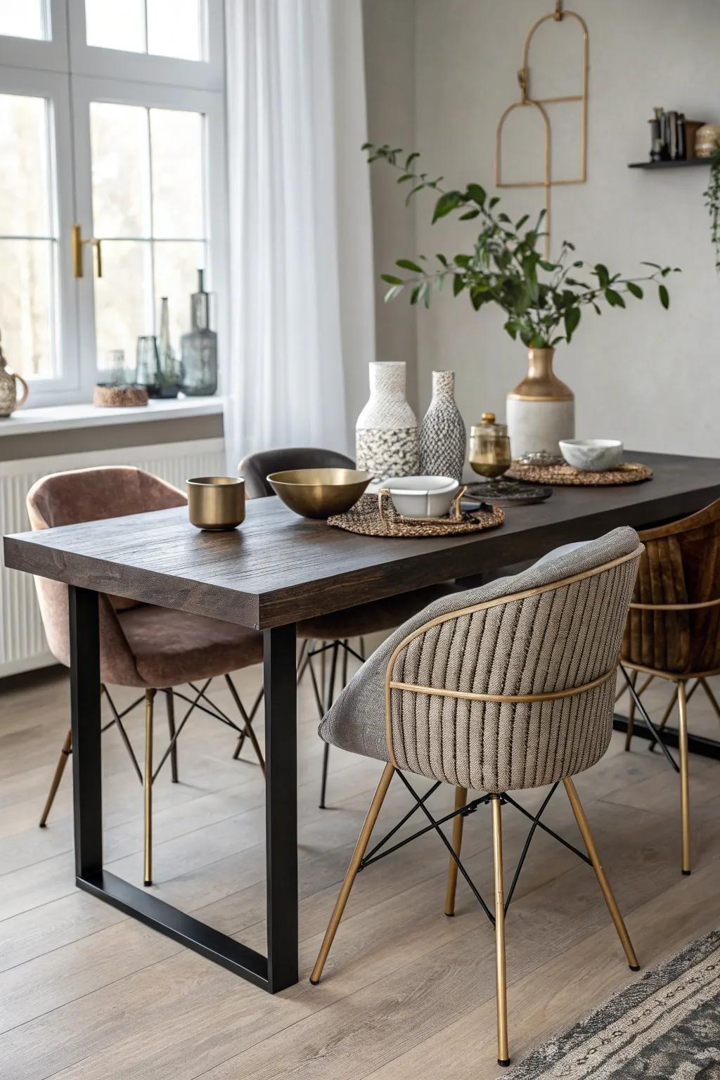 Create a unique look by blending metal and wood chairs, adding a touch of industrial charm. 🪑 #FurnitureDesign #DiningRoom