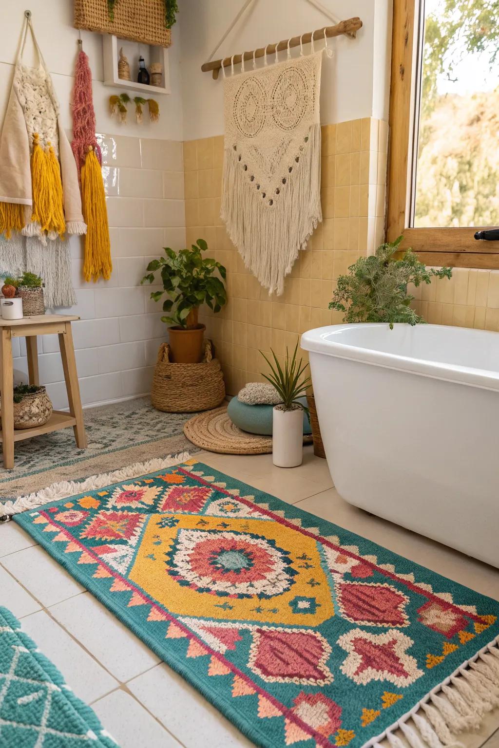 Boho accents create a cozy retreat full of charm and creativity. 🌿 #BohoBathroom #InteriorInspo