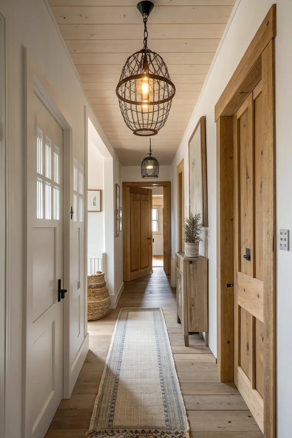 Lighting fixtures add warmth and character to your farmhouse hallway. 💡 #LightingDesign #FarmhouseLighting