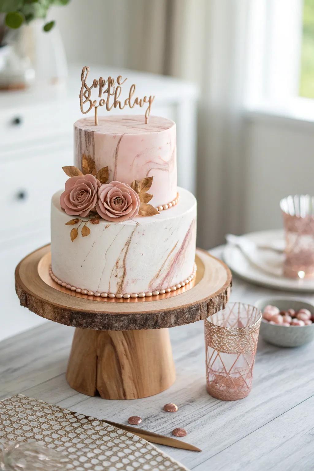 Marble and metallics unite to create a cake that's both trendy and timeless. #MarbleCake #RoseGold #CakeInspiration