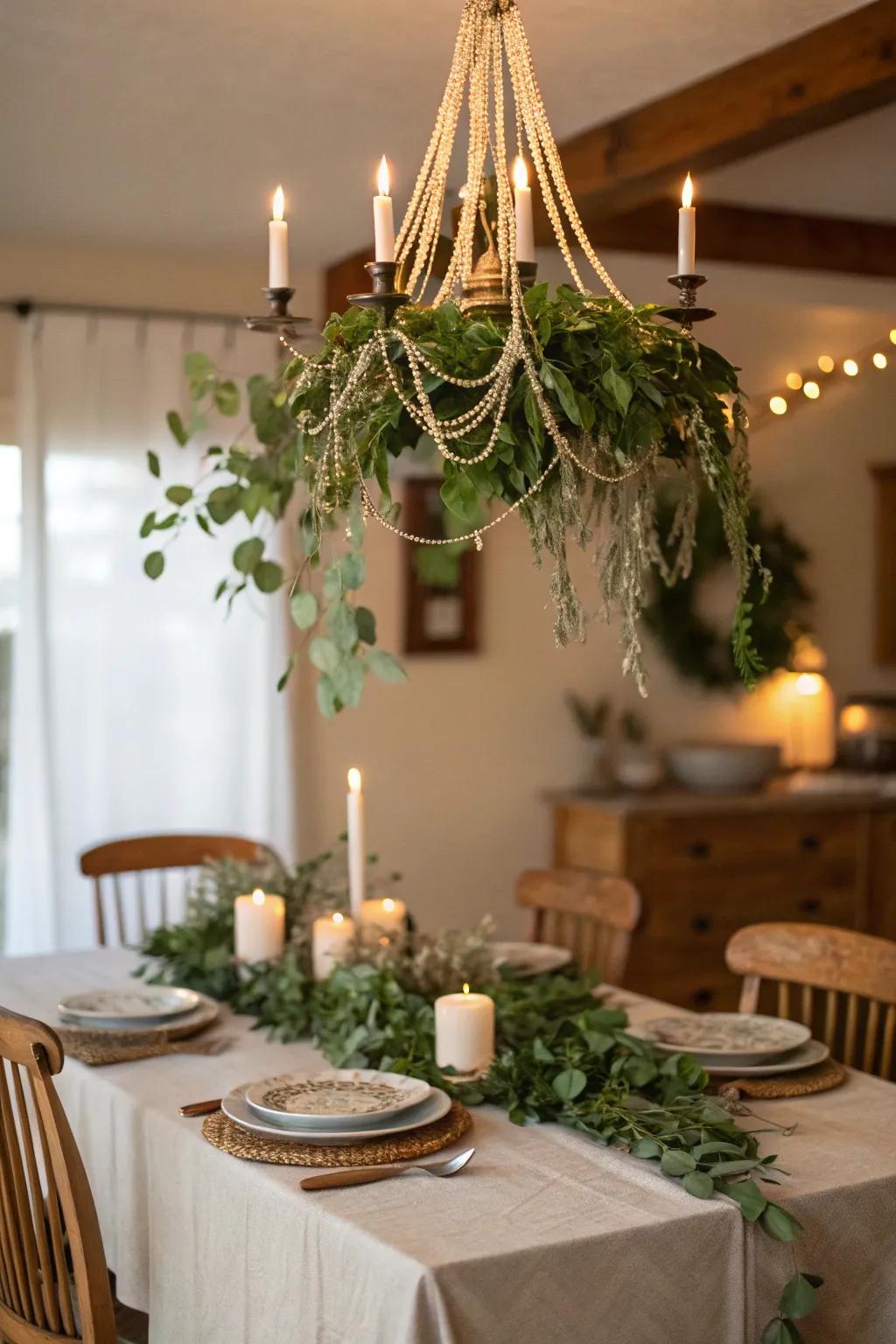 Bring whimsy to your dining room with a chandelier draped in delicate garlands. 🌿 #ChandelierDecor #FestiveFlair