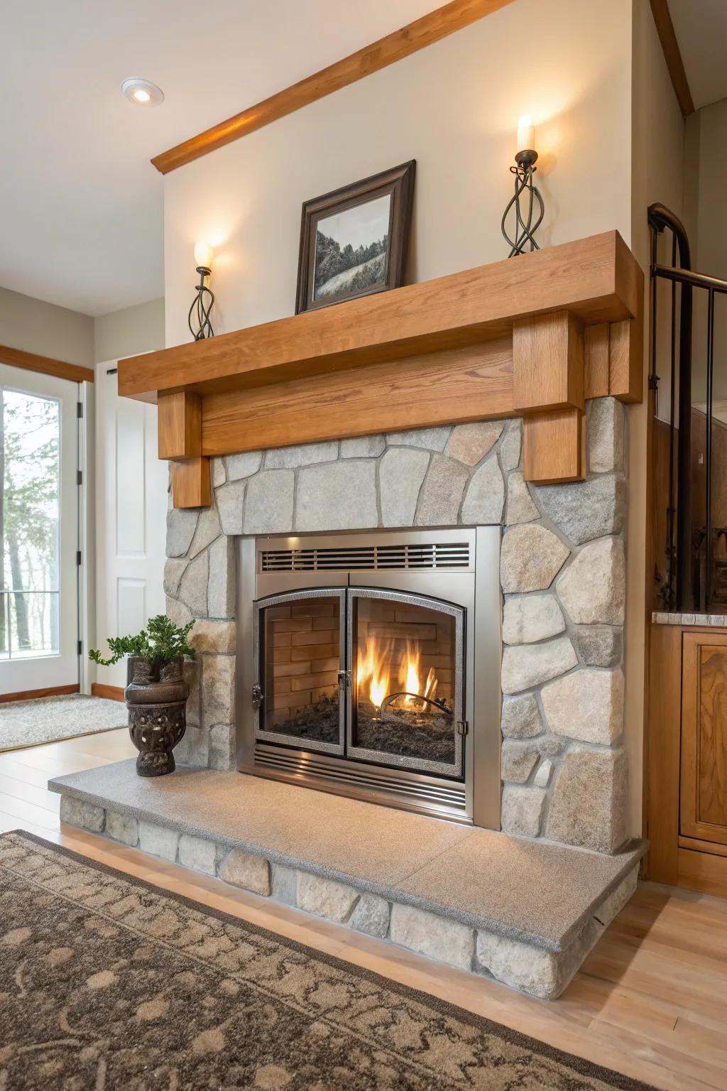 Create a captivating hearth with a mix of contrasting materials for a unique and dynamic design.