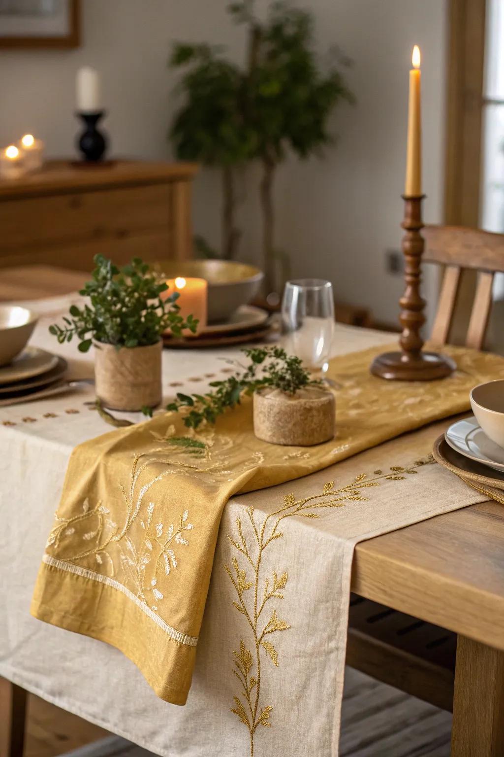 Golden linens add warmth and elegance, creating a cohesive and inviting dining experience.
