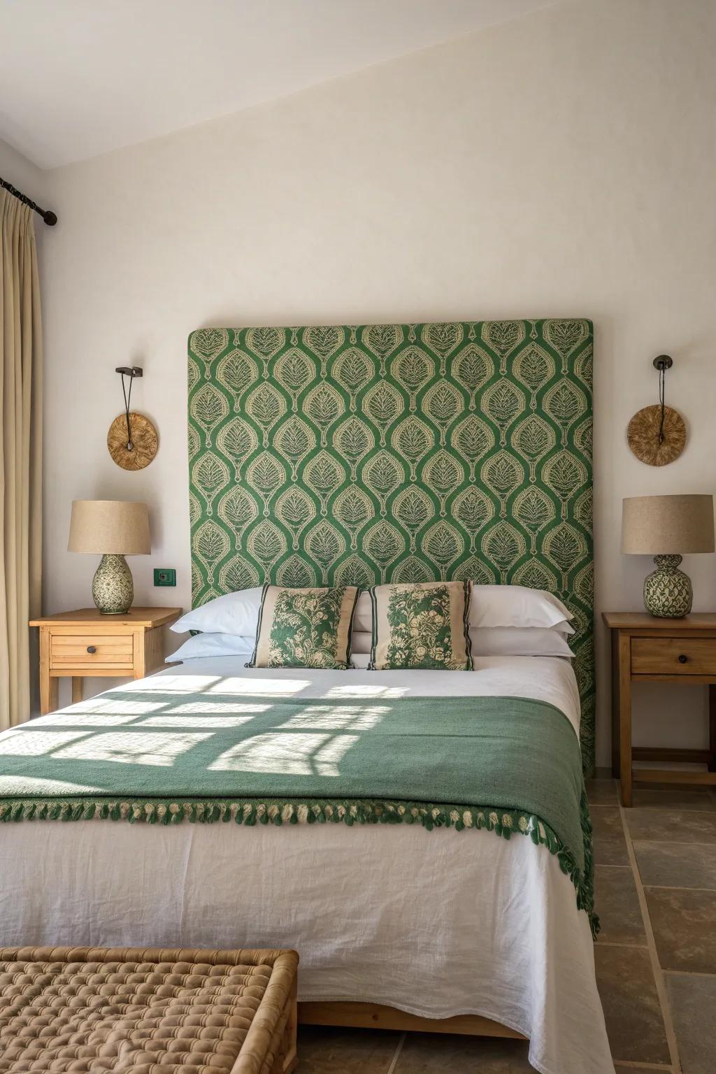 Make a statement with a patterned green headboard that brings life and personality to your room. #PatternPlay #BedroomStyle