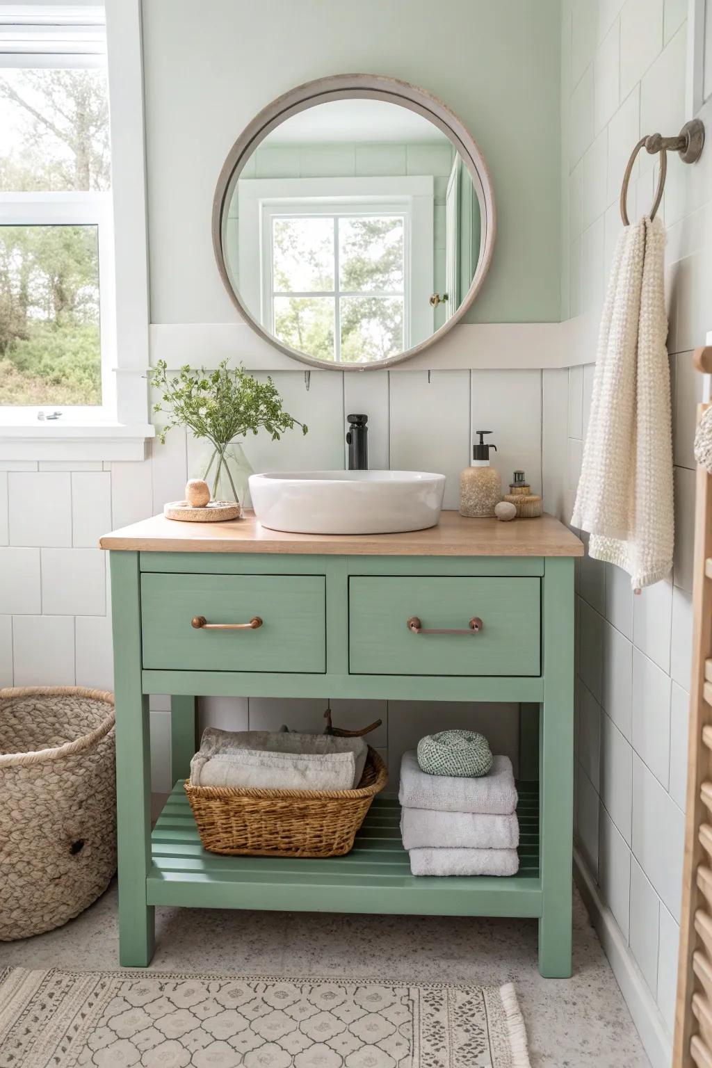 Inject a playful pop of color into your bathroom with a refreshing mint green vanity.
