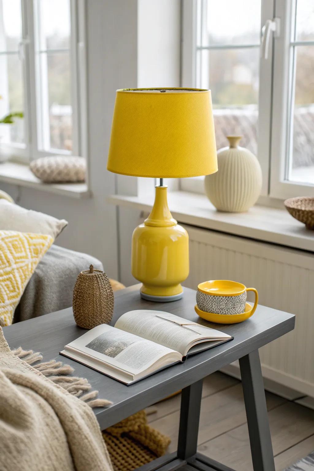 Illuminate your space with a vibrant yellow lamp on a sleek grey table. #ReadingNook #LightingDesign