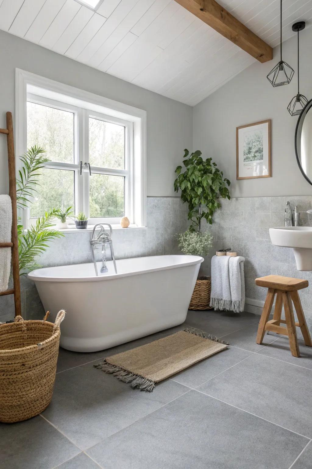 Classic white fixtures against grey floors create a timeless and elegant contrast. #BathroomInspiration