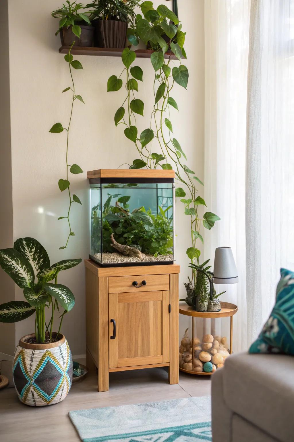Dive into harmony with a pothos-fish tank combo that benefits both. 🌊🐠 #AquariumDecor #EcoFriendly