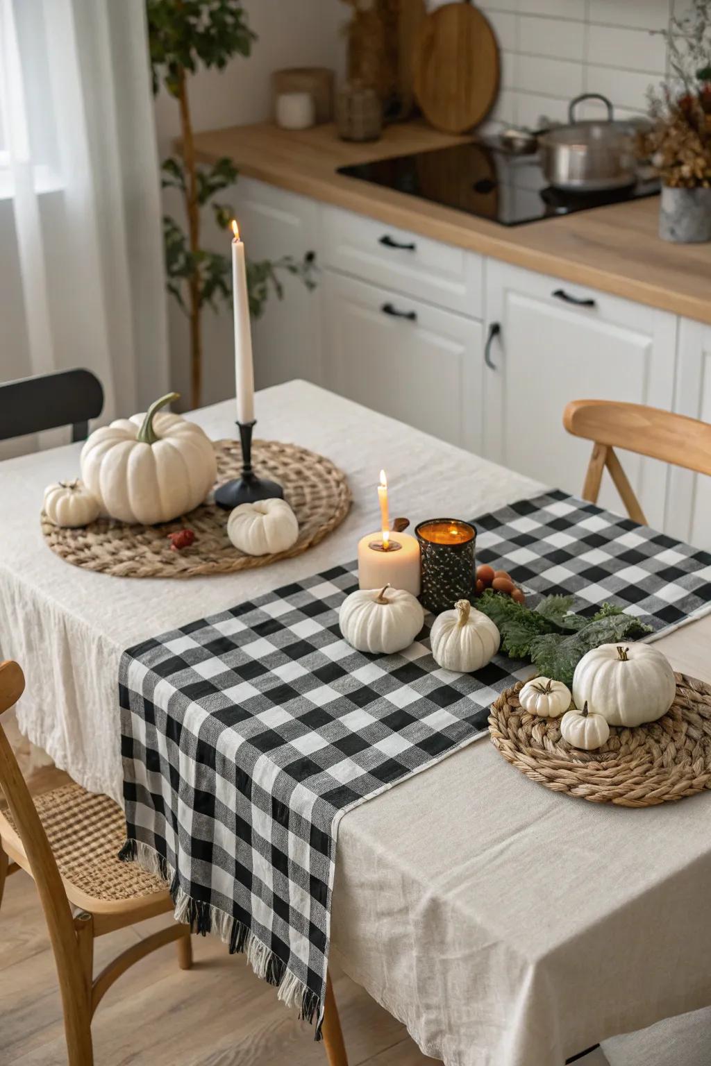 Classic black and white patterns add a sophisticated Halloween touch to your kitchen decor.