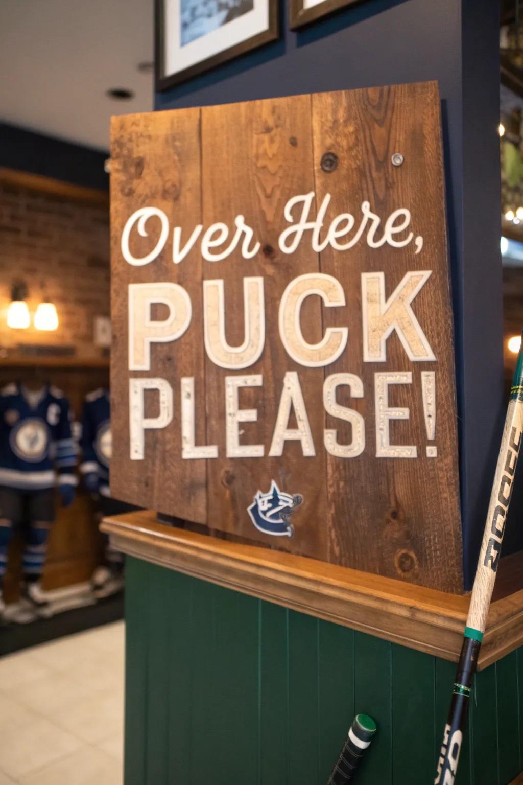 Engage with the game right from your couch with a playful sign that invites interaction! 🏒 #HockeyFans #InteractiveDecor