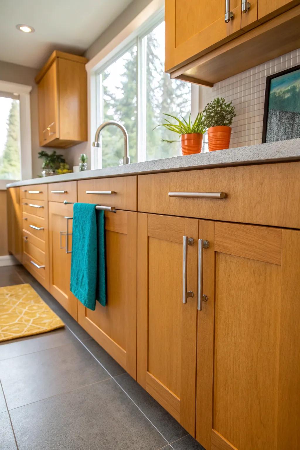 Small details, big impact—modern hardware transforms honey oak cabinets. ✨ #InteriorDesign