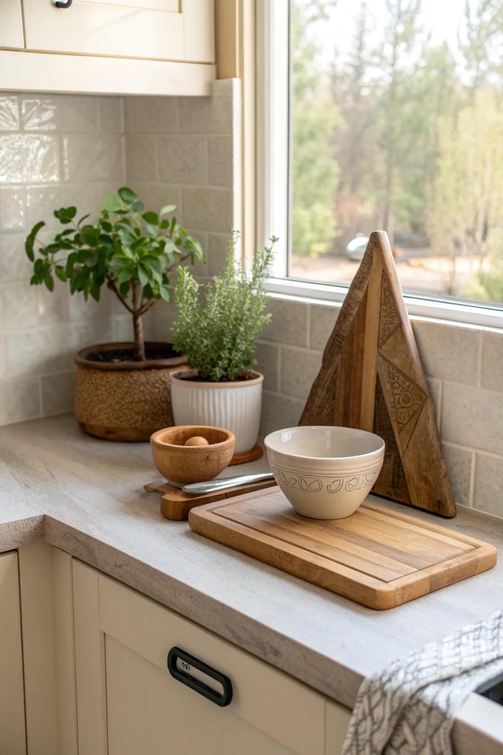 Create a soothing kitchen environment with earthy tones and natural textures.