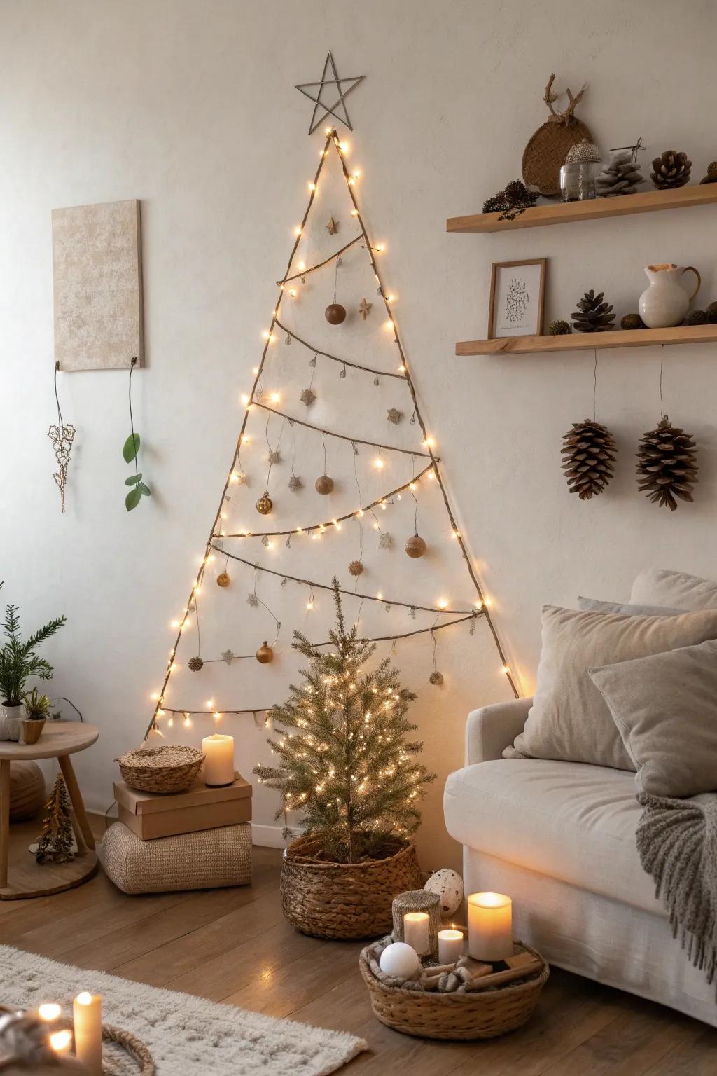 Innovate your holiday decor with a wall-mounted Christmas tree made of lights. #CreativeDecor #HolidayDIY