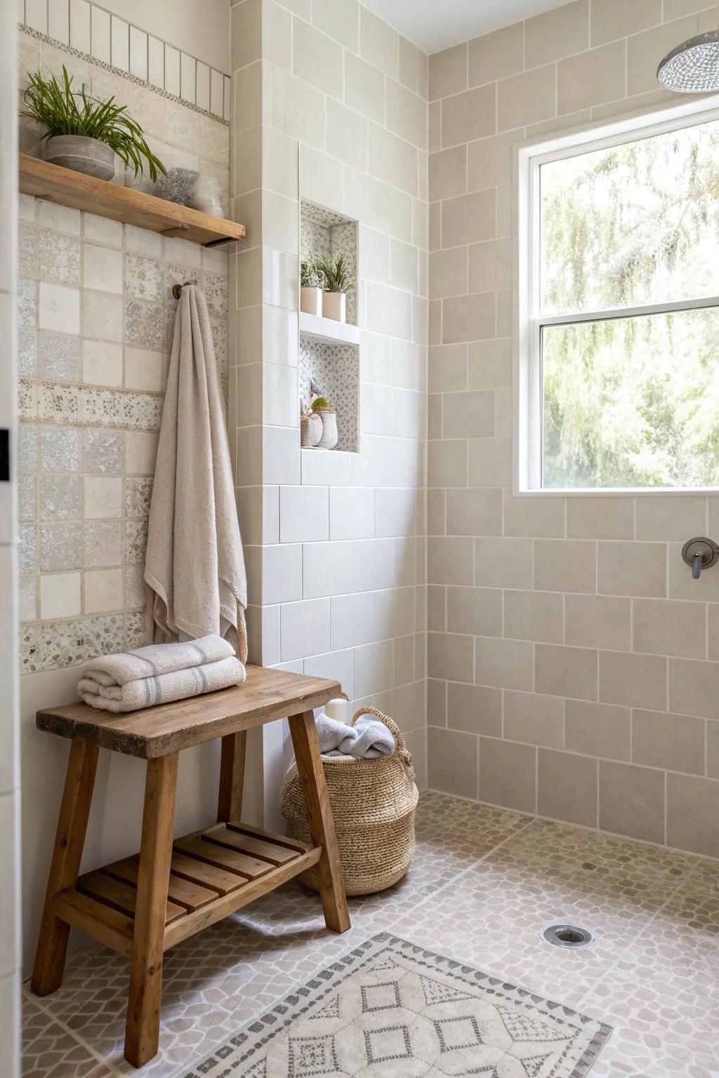 Add dimension to your shower with a captivating blend of textures. 🛁 #TexturedTiles #BathroomInspiration