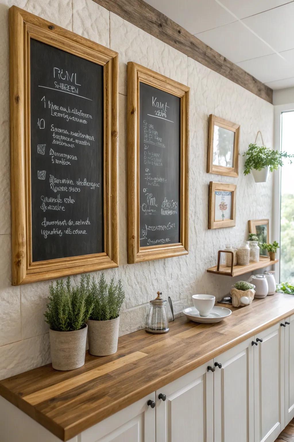 Frame your chalkboard sections for a structured and stylish kitchen feature.