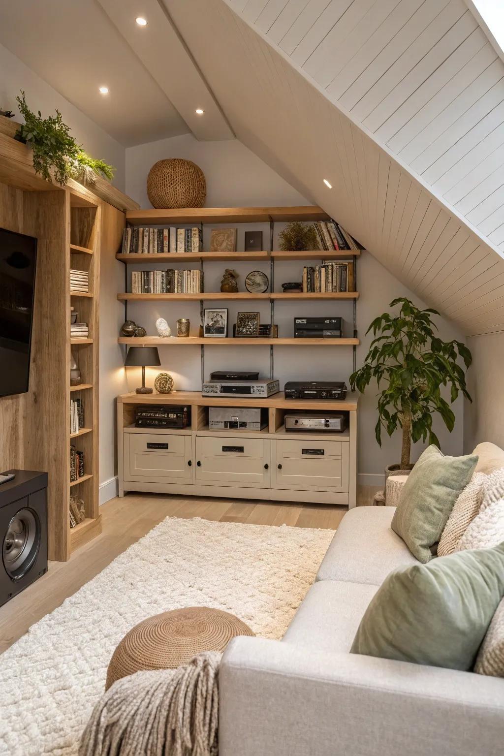 Stay organized with sleek storage solutions, keeping your movie room clutter-free. 🗄️ #StorageSolutions #HomeOrganization