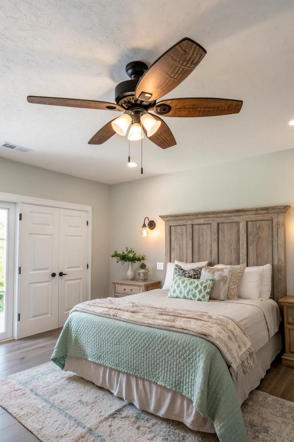 Infuse your space with rustic charm using a fan with a distressed finish. 🌾 #RusticDecor #FarmhouseStyle #BedroomVibes