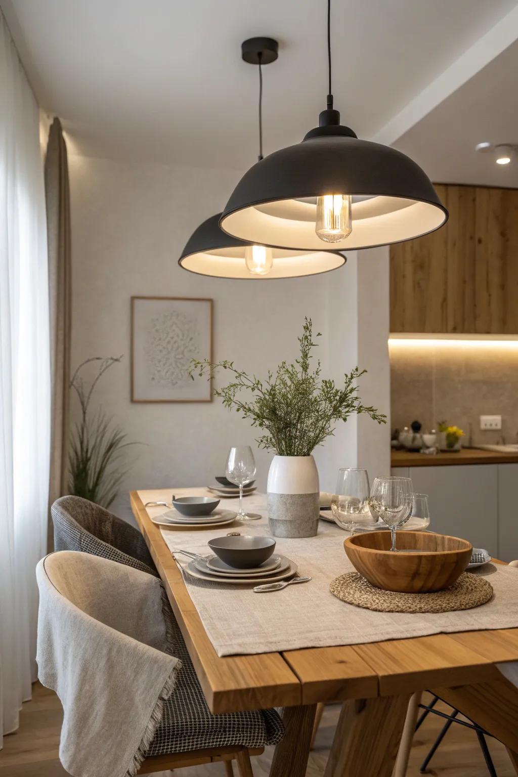 Modern lighting elevates the elegance of a minimalist dining space. 💡 #ModernLighting #InteriorDesign #DiningRoomIdeas