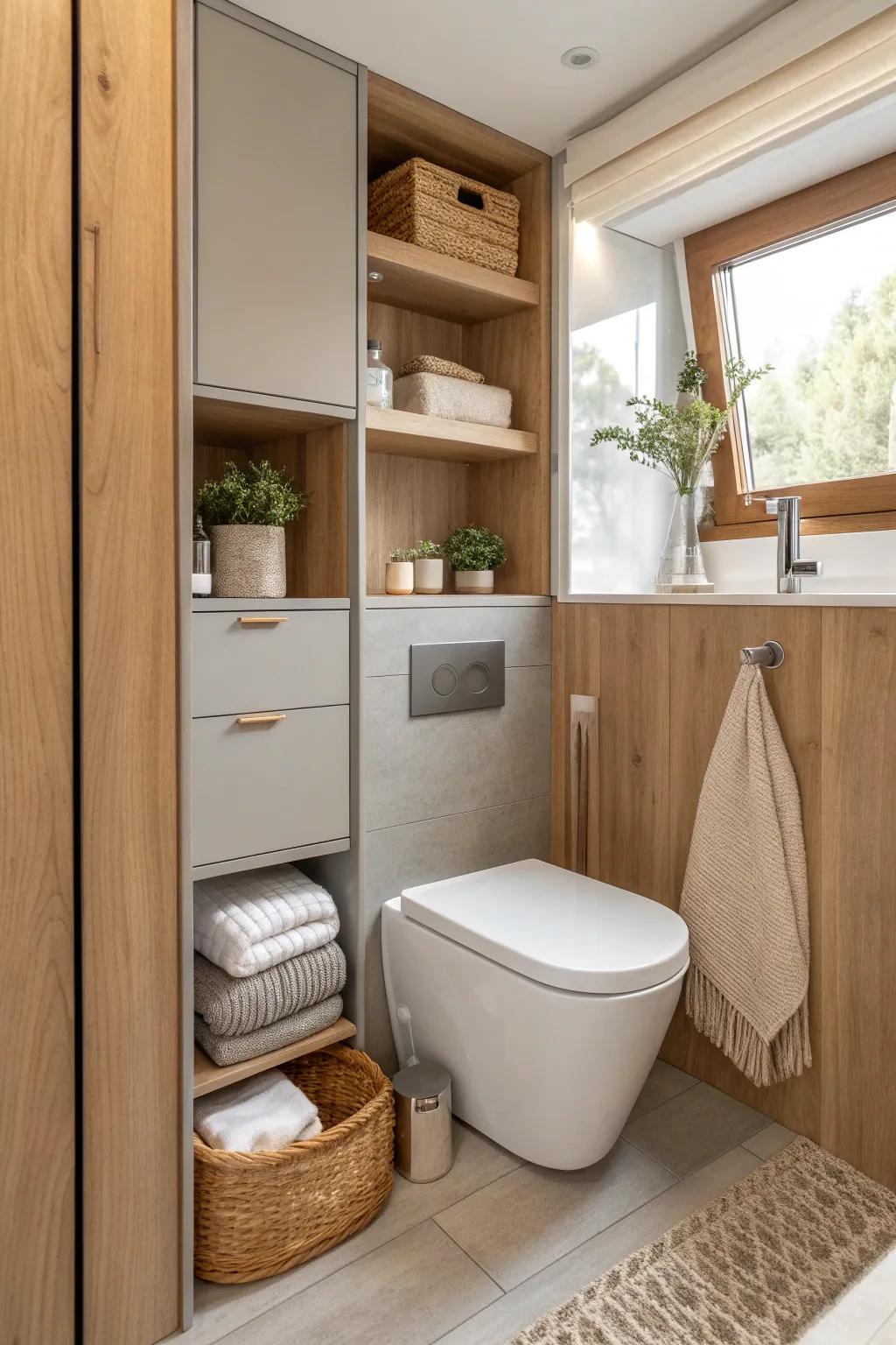 Discover the beauty of practical storage in a modern bathroom. Keep essentials neat and stylish. 🛁🧺 #BathroomStorage #HomeOrganization