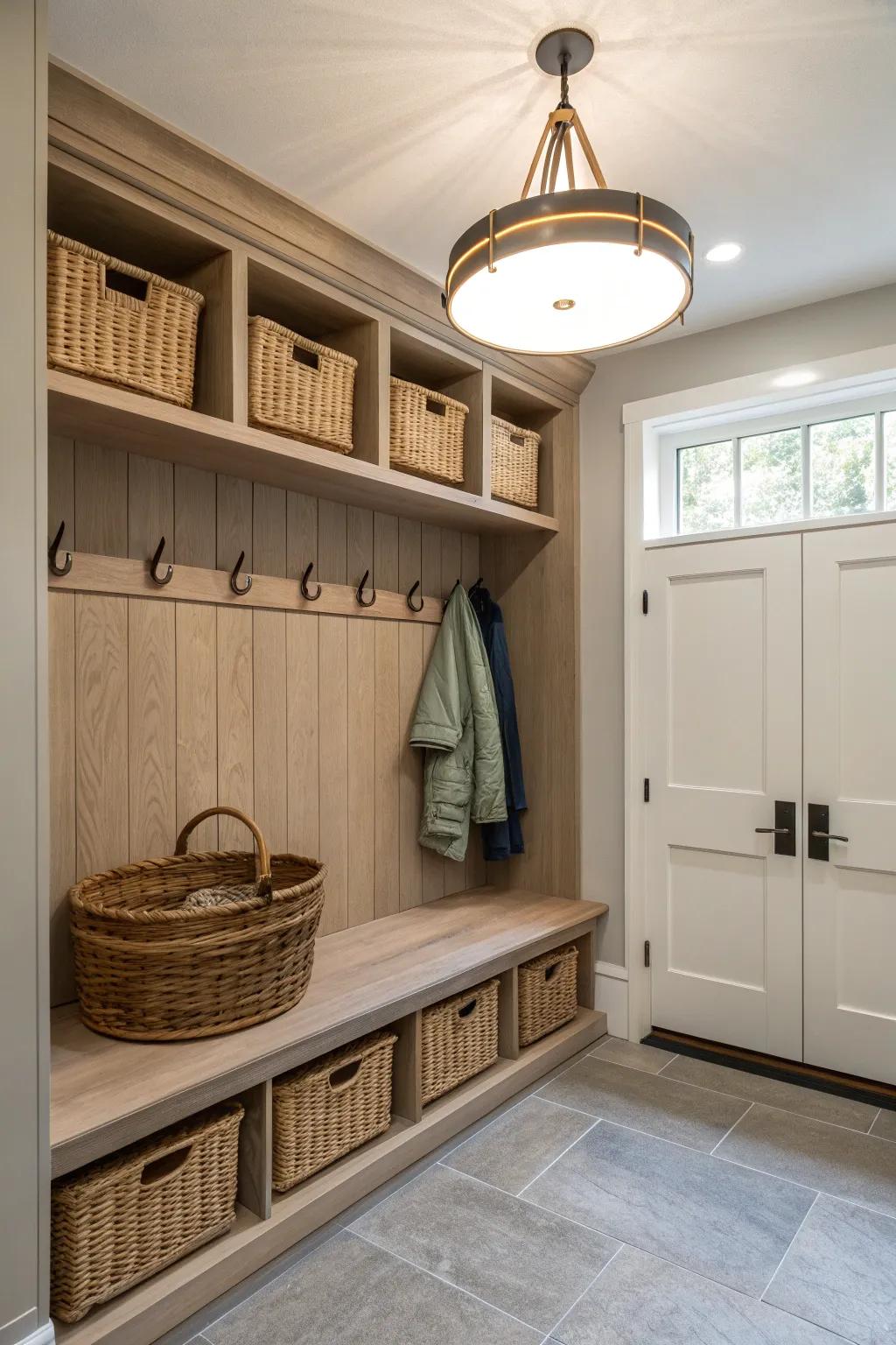 Illuminate your mudroom with beautiful lighting for a cozy, welcoming feel.