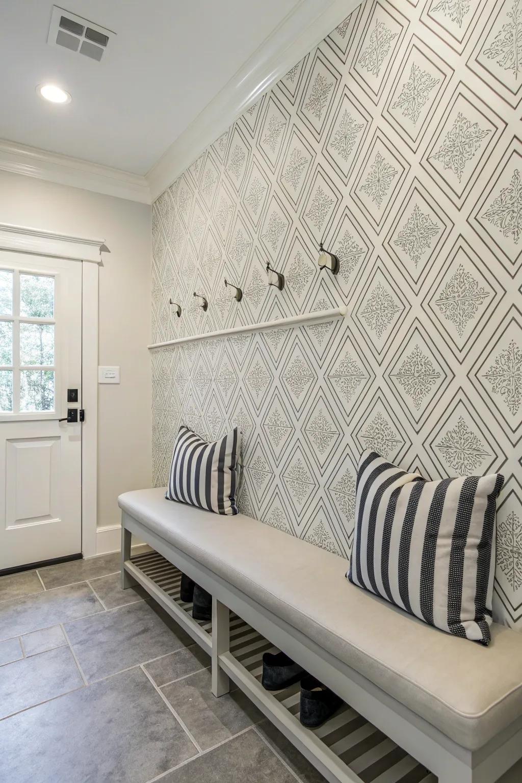 Create a striking contrast with monochrome wallpaper for a timeless look. 🖤 #MonochromeMagic #InteriorDesign