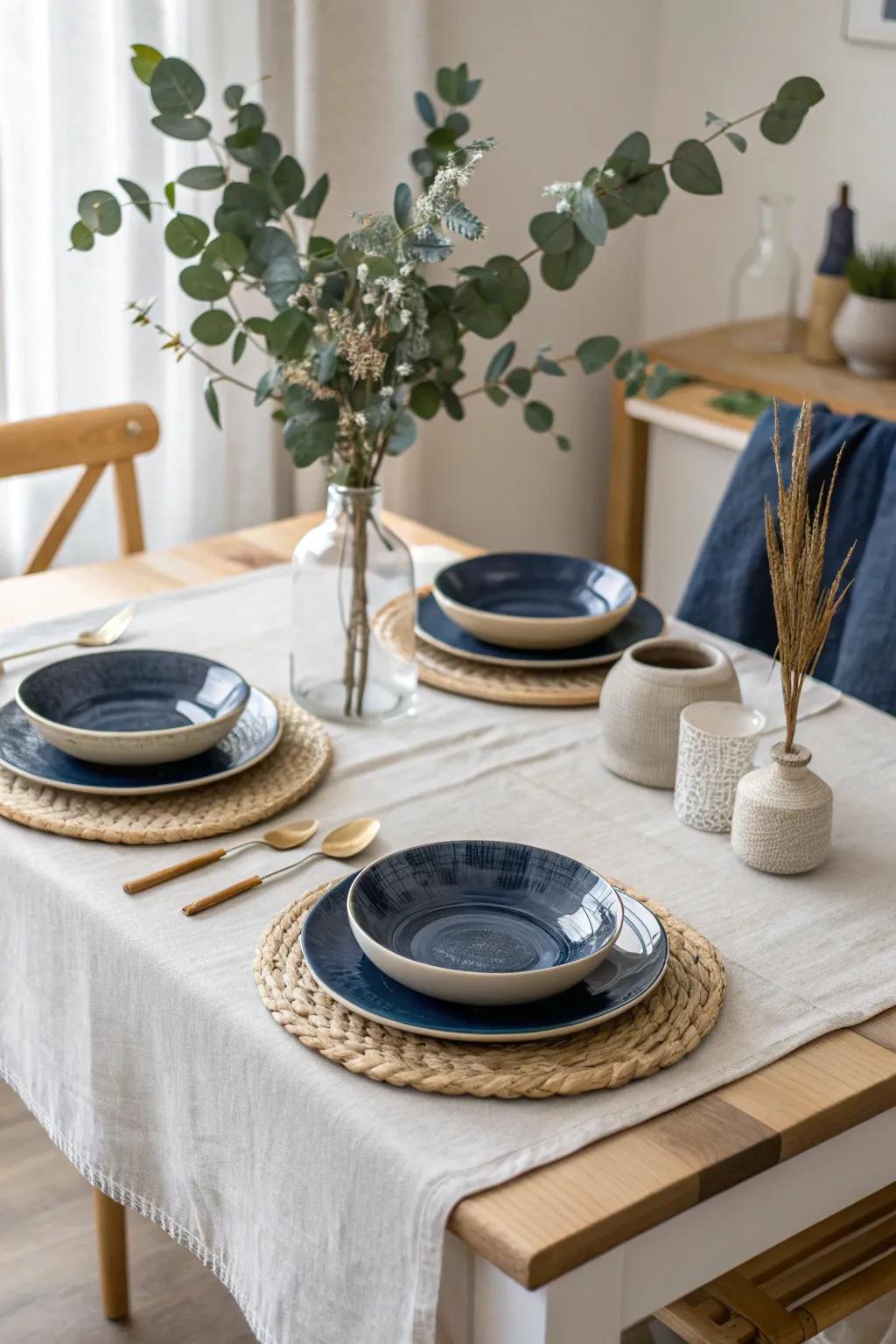 Navy chargers: the perfect base for a stunning table. #TableSetting #ChicDining #HomeInspo