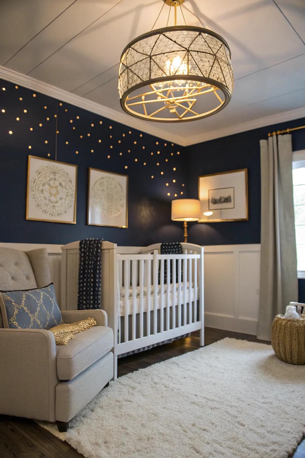 Elegant lighting fixtures cast a warm glow, enhancing the navy nursery's allure.