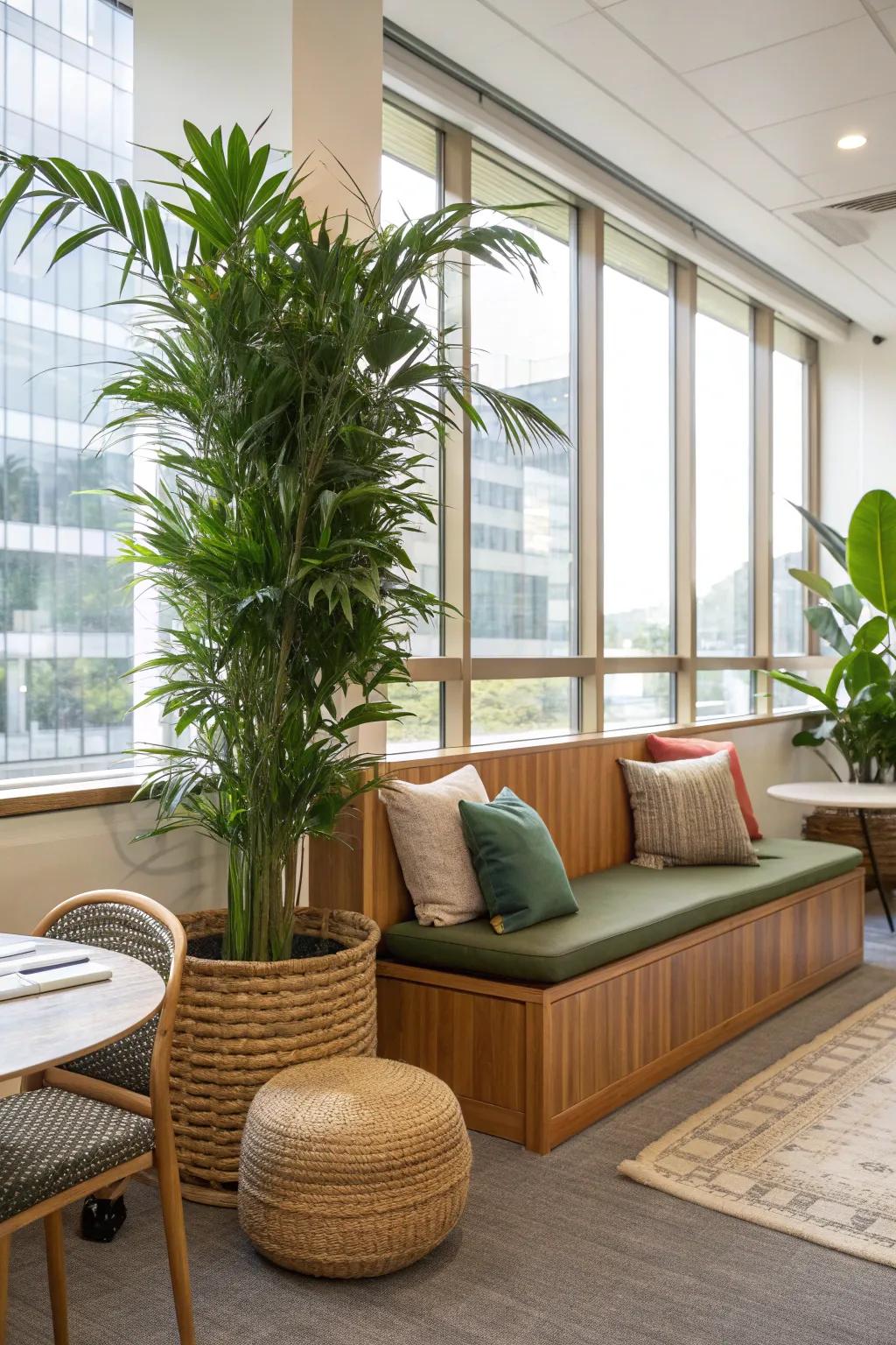 Lush greenery breathes life into this office seating area, promoting both peace and productivity.