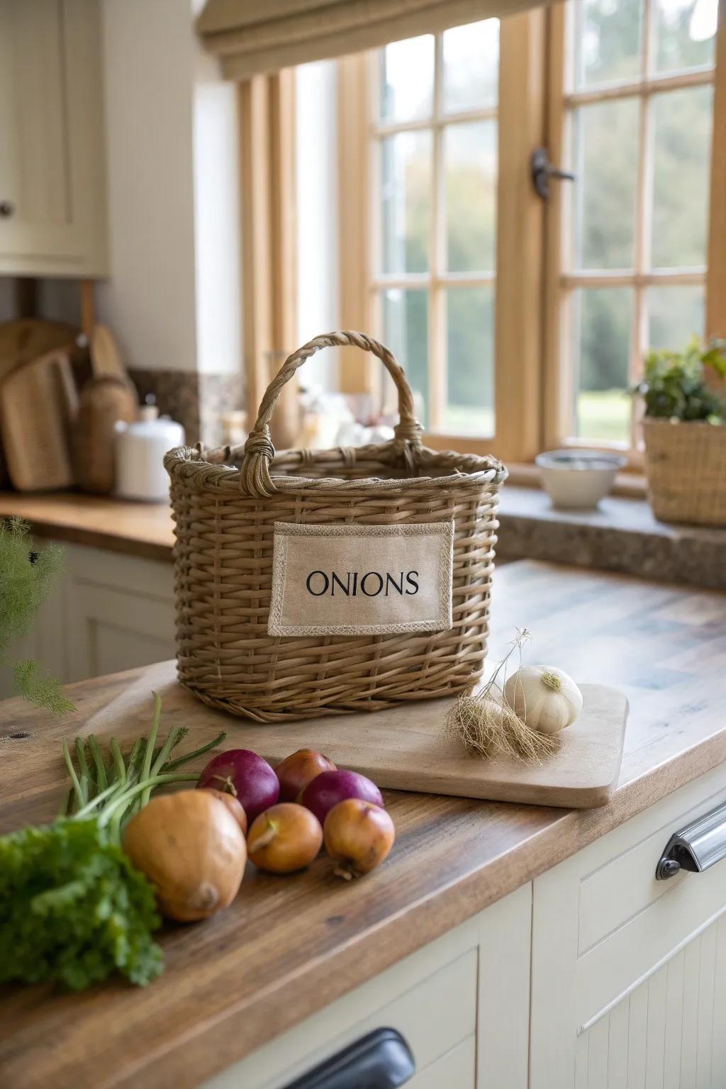 Achieve peak organization with labelled baskets that keep your kitchen efficient.