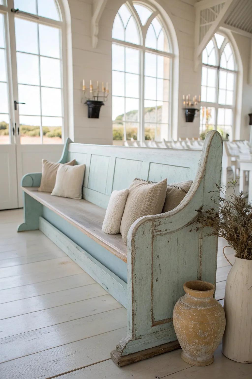 Bring coastal charm to your home with a weathered church pew.