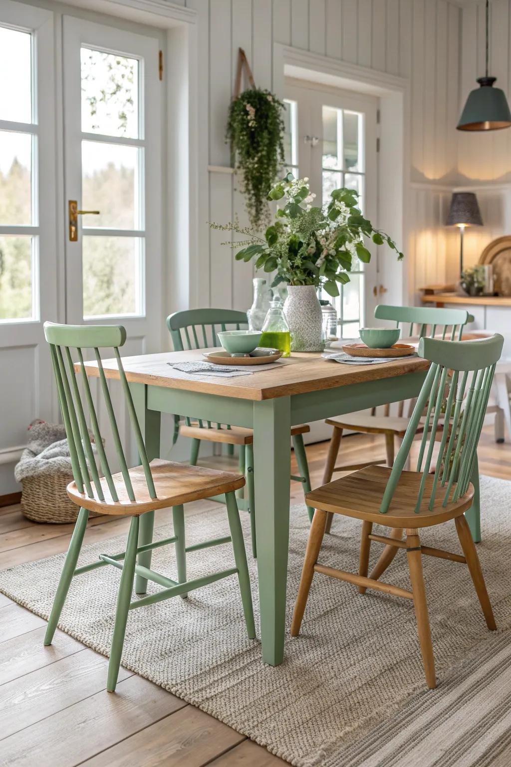 Invite nature inside with soothing green chairs for a tranquil dining setting. 🌿 #NatureInspired #GreenLiving