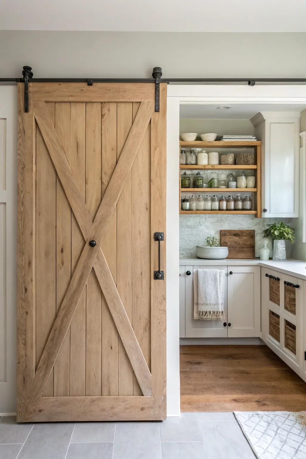 Channel rustic elegance with an X-brace barn door, perfect for a farmhouse feel.