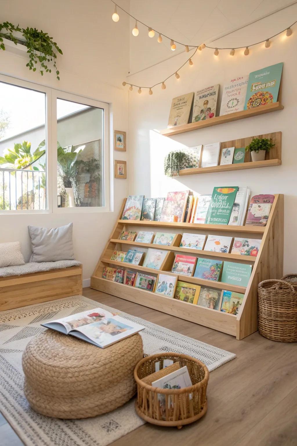 Accessible book displays invite children to explore. 📚