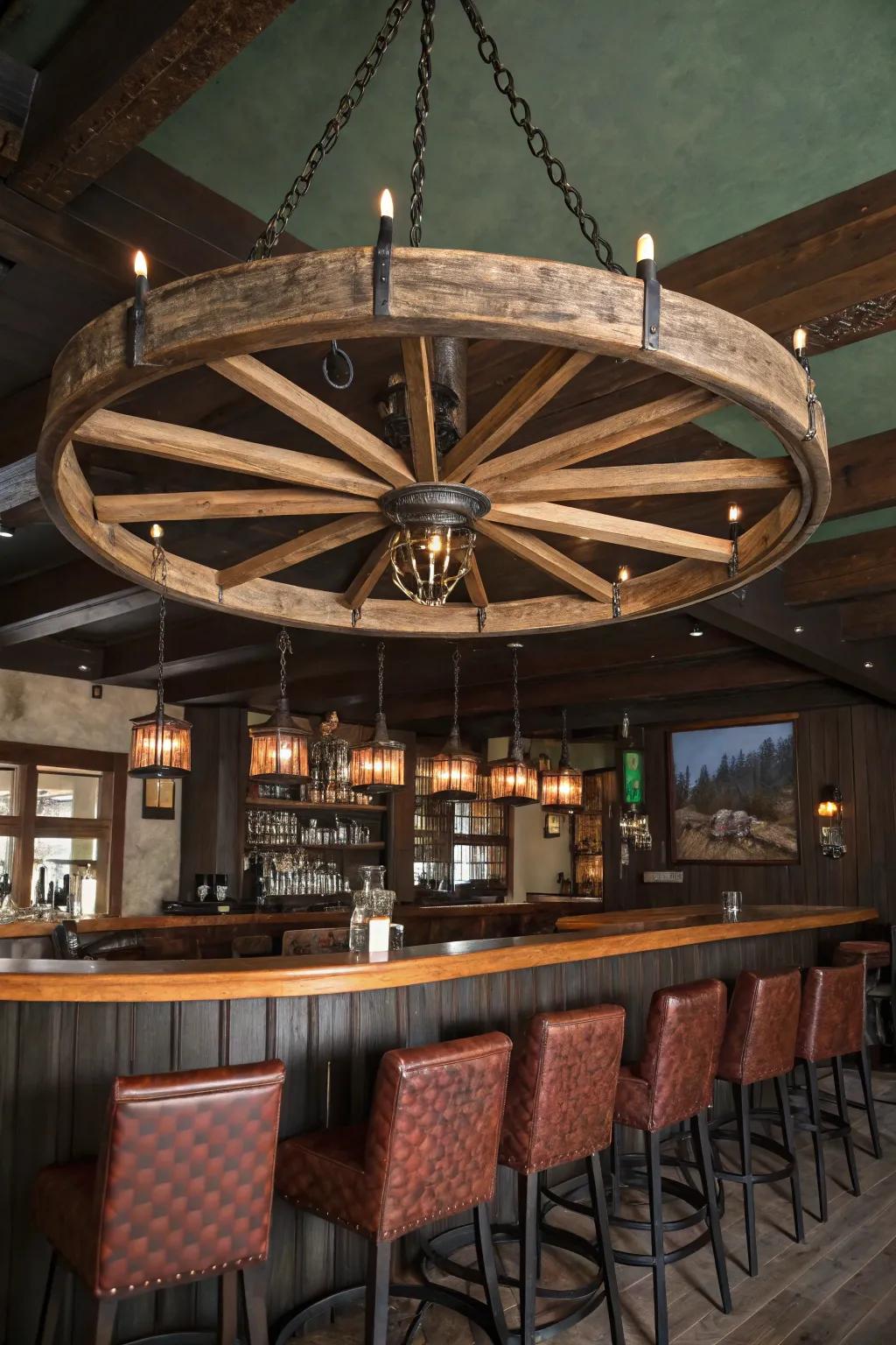Wagon wheel chandeliers serve as stunning focal points in rustic settings.