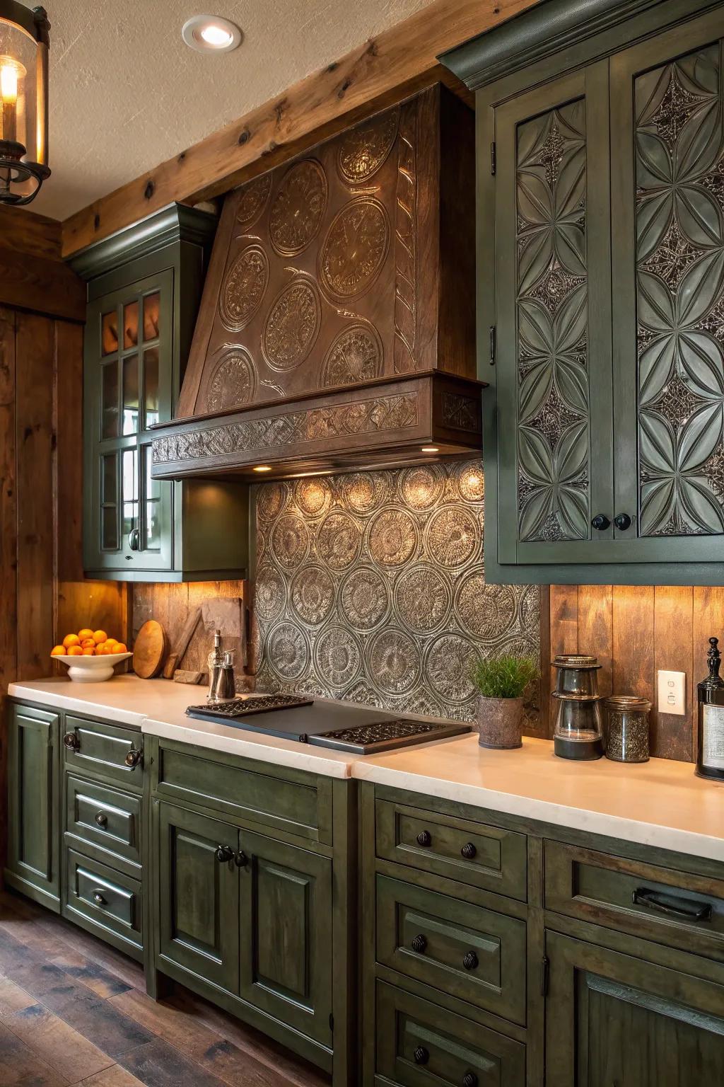 Combine tin with earthy tones for a kitchen that feels both rustic and serene.