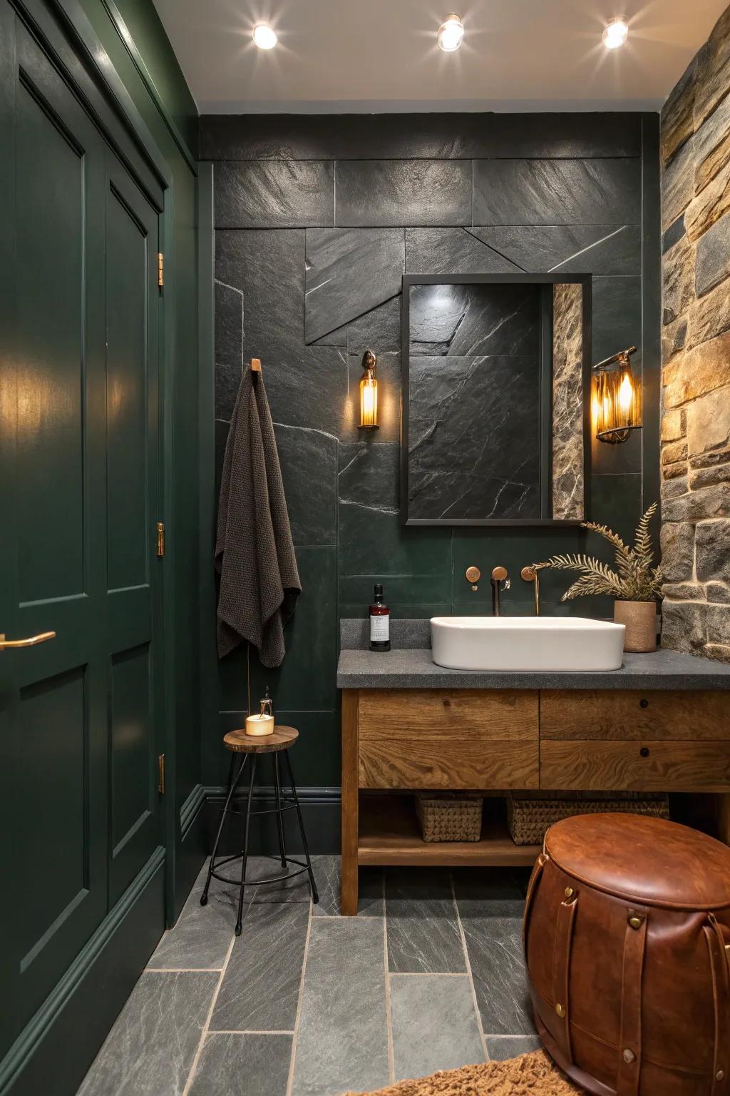 Elevate your bathroom with a stunning slate feature wall that adds texture and natural beauty. 🌿🏡 #FeatureWall #SlateDesign #HomeInspiration