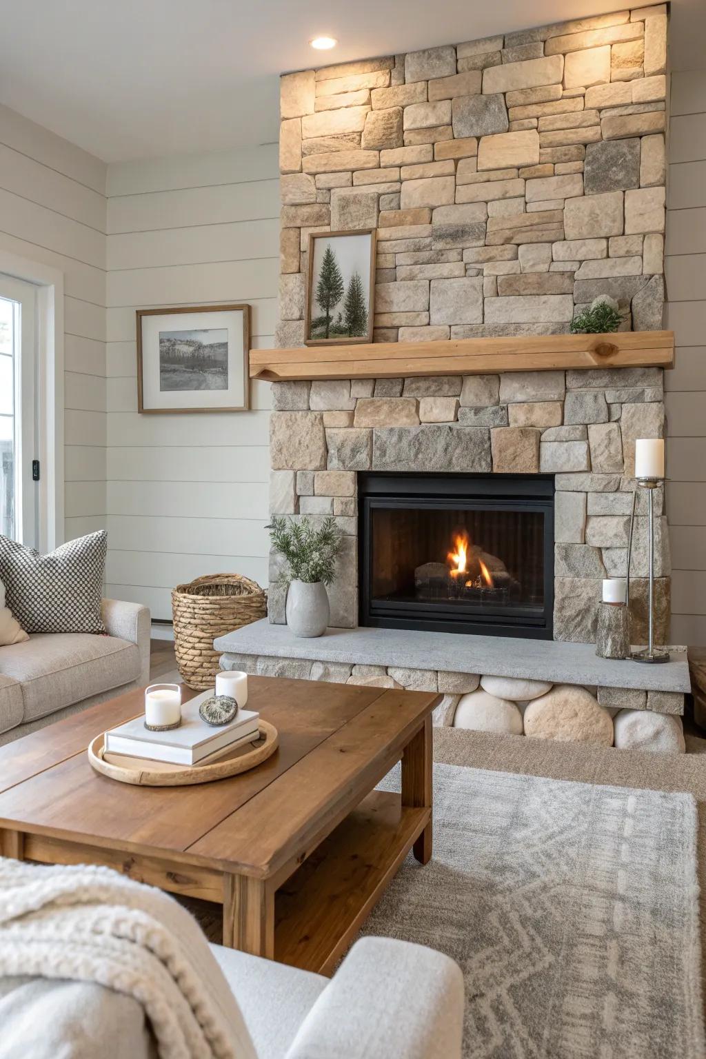 Explore the beauty of mixed stone textures for a visually stunning fireplace #TexturePlay #FireplaceInspiration
