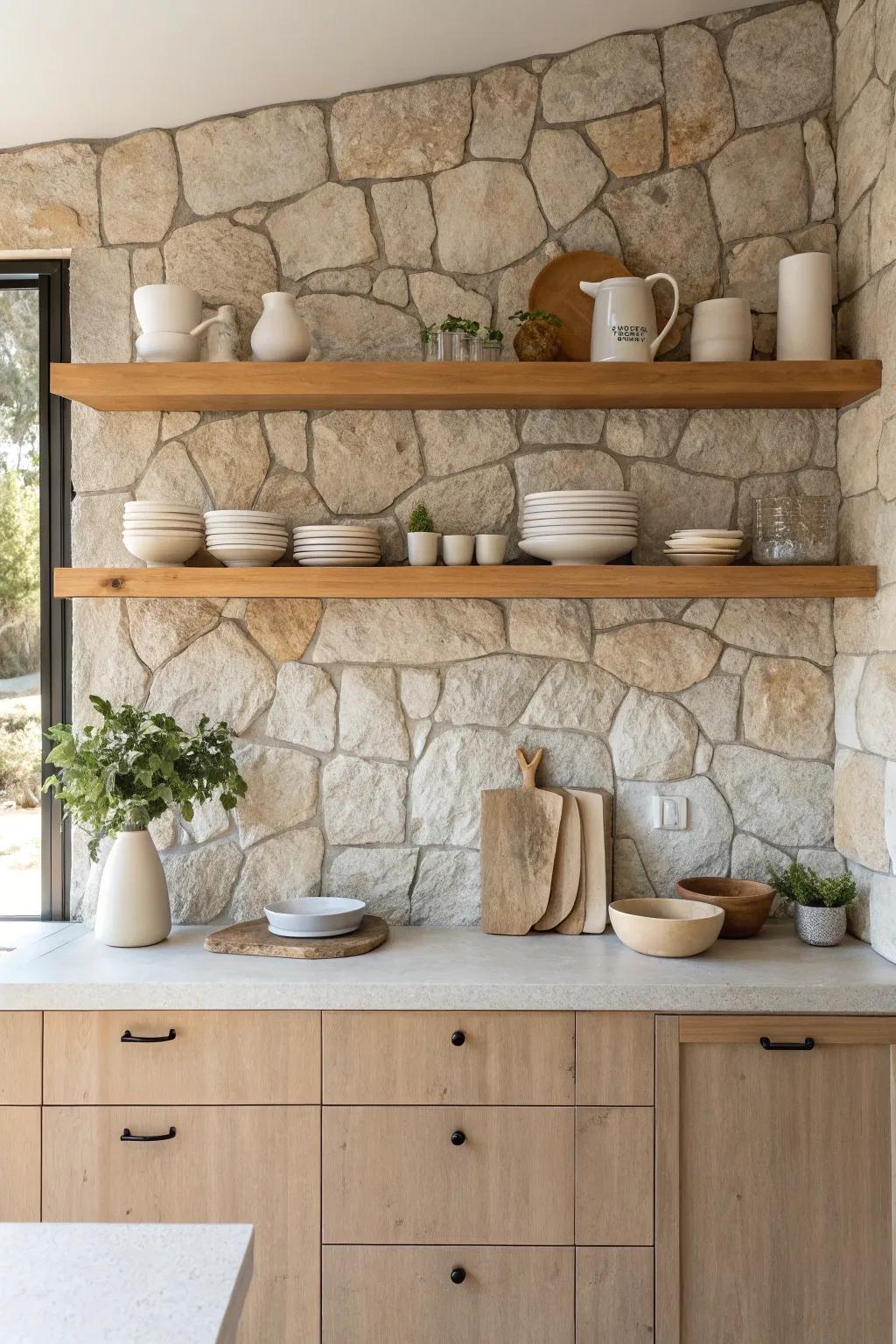 Showcase your favorite kitchen pieces with open shelving against a stone backdrop for a rustic, inviting look. 🏡 #KitchenDesign #ShelvingIdeas #StoneBacksplash