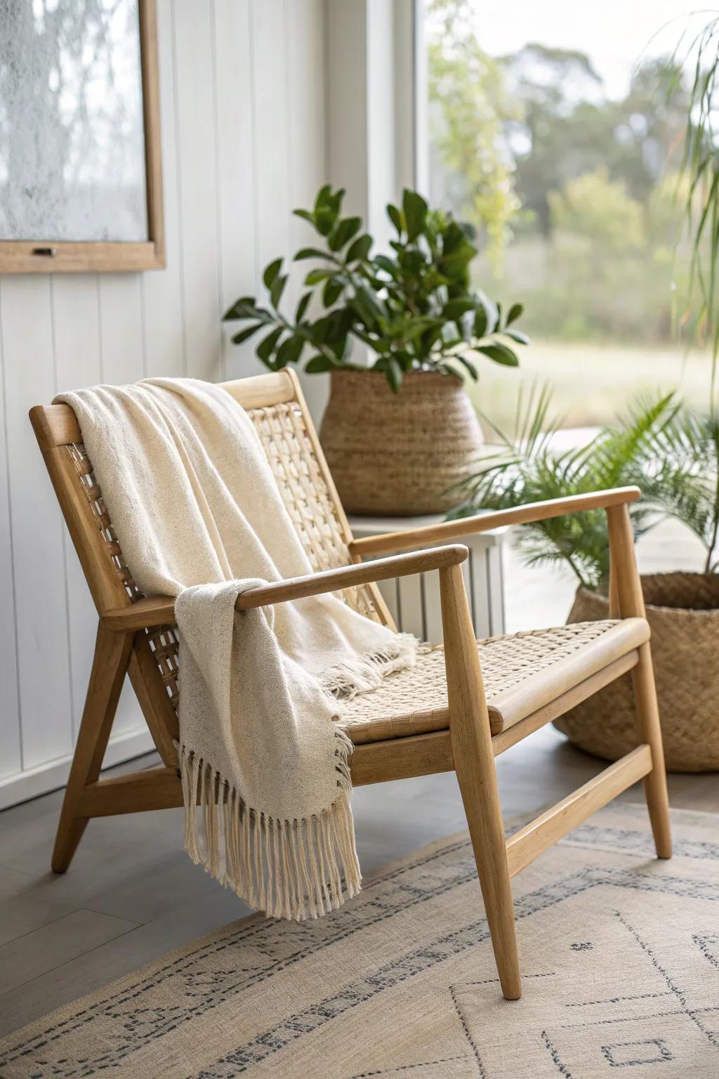 Add warmth to your home with wicker and light wood accents that evoke a relaxed summer vibe. 🌞 #WickerDecor #SummerStyle #NaturalElements