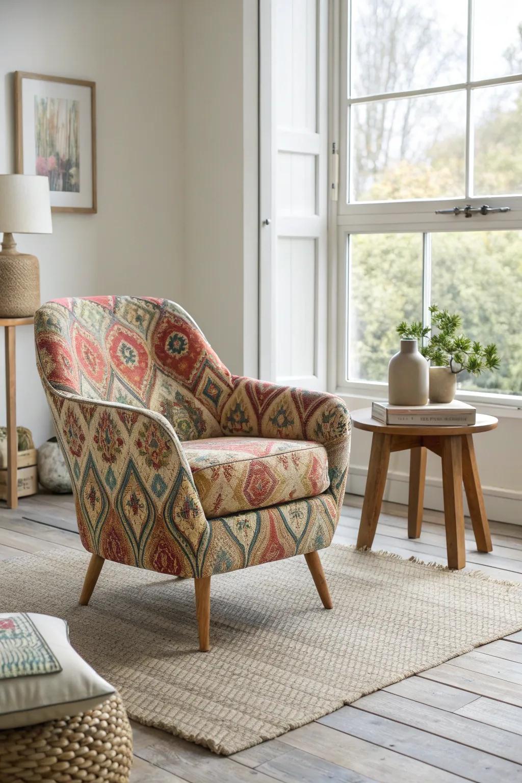 Add a pop of color with a bold, patterned swivel chair. 🎨 #EclecticDecor #InteriorInspiration
